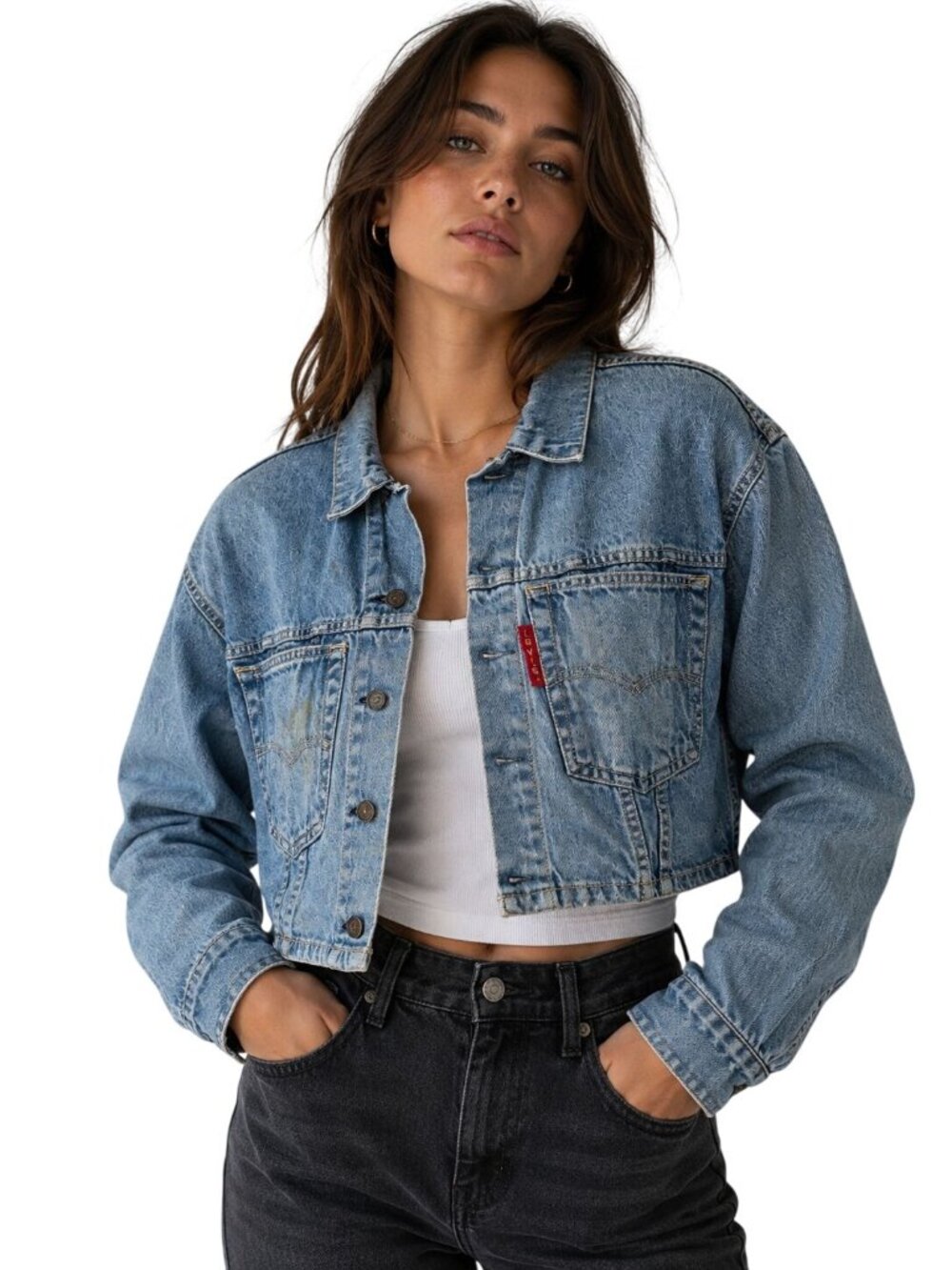 Vintage Levi’s 90s Type III SAMPLE Cropped Denim Jacket Womens Medium Light Wash